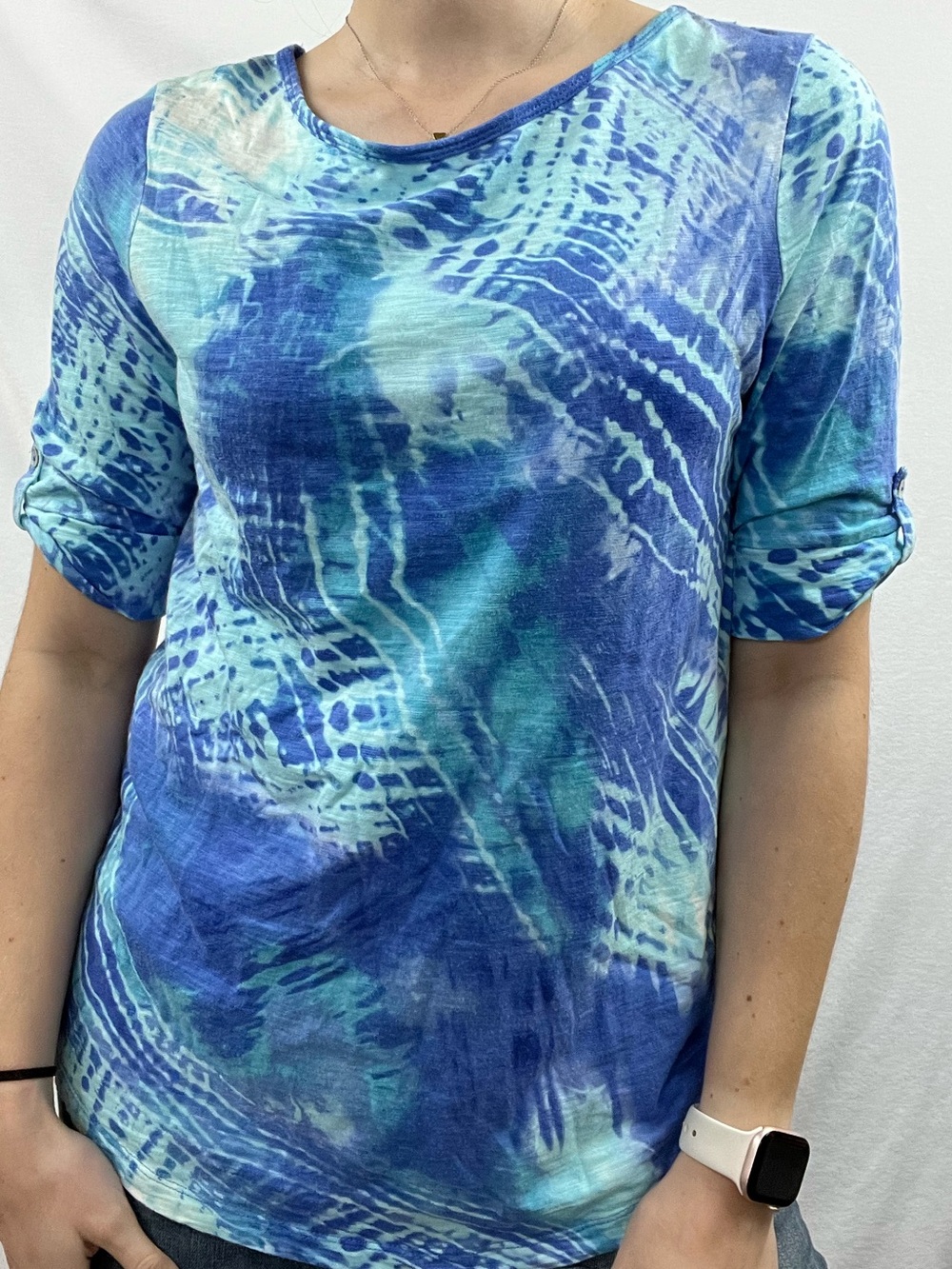 Chico's Blue Teal Tie-Dye Short Sleeve Crewneck Tee